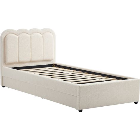 Lit 90 x 190 cm avec 2 tiroirs - Avec LEDs - Tissu bouclette - Crème - NESTIAKO