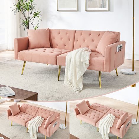 Canapé 2 places moderne en velours, dossier réglable sur 3 positions, 2 coussins inclus, pieds en métal robustes, doux et confortable pour salon, location, petit appartement, rose