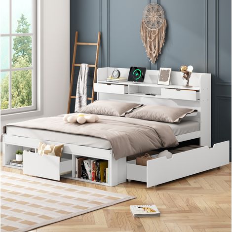 Lit avec tiroirs 140x190 cm USB MDF pin blanc HAVRYA (1/5)