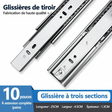 Glissières de tiroir télescopiques 3 sections en acier inoxydable épaissi amortisseur 10 pouces 25 cm acier inoxydable 10 25cm 25 × 1 × 1 cm 590 g – Livraison gratuite