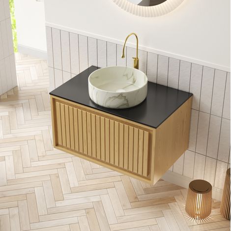 Meuble de salle de bain suspendu 61 cm avec vasque en céramique ronde et plan de travail en pierre sinterisée, chêne Corolla (1/5)