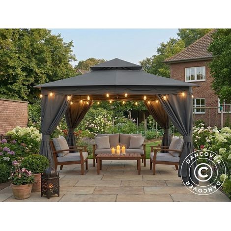 Cenador de jardín Horus con cortinas, 3x3,7m, Gris - Dancover
