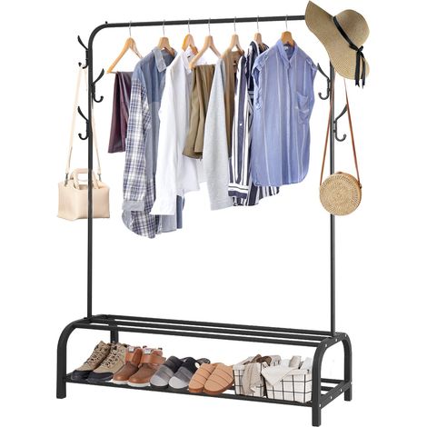Youyijia Clothes Rail Heavy Duty Clothing Rail for Bedroom Metal Garment Rack 110x33x150cm Clothing Rack with 2 Tier Shoe Storage Shelf and 6 Side Hooks Coat Rack Hanging Rail for Clothes Black (1/5)