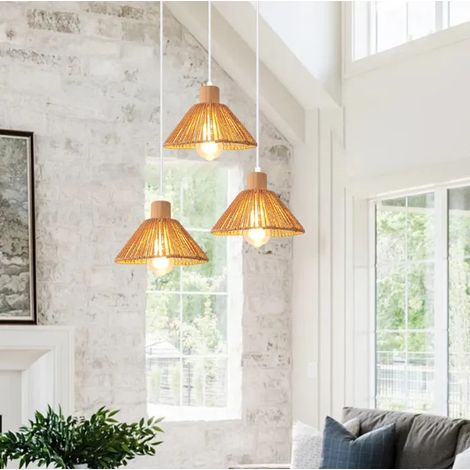 3lampes Suspension Luminaire Industriel,E27 Lampe de Plafond Vintage en Rotin et Bois Style Rural Pastoral pour Salon Chambre (1/5)