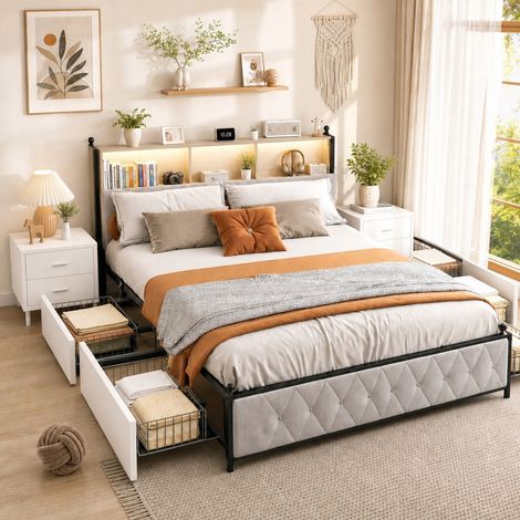 Lit Double 160x200 cm Velours Beige, Tête de lit avec rangement USB Type-C LED, 4 tiroirs cadre métal sommier à lattes, meuble chambre adulte design moderne
