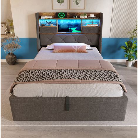MEUBLIV Lit coffre 90 200 cm avec tete de lit led ports usb type c et rangement hydraulique en lin gris style retro avec sommier (1/5)