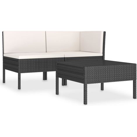Salon de jardin 3 pcs Mobilier de jardin avec coussins Résine tressée Noir (1/5)