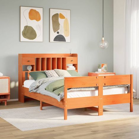 Lit bibliothèque sans matelas cire marron 160x200 cm pin massif