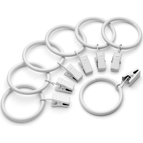 Anelli a clip per tende, confezione da 7, bianchi. Anelli con clip, ganci per tende, clip decorative per bastoni per tende. Diametro interno 38 mm, bianchi. (1/5)