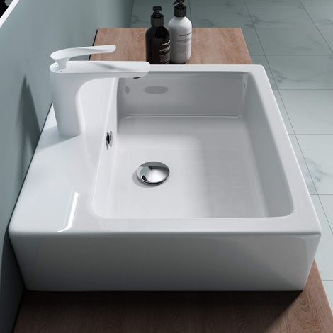 doporro Lavabo da Appoggio in Ceramica Bianco Lucido 53,5x46x13,5cm Lavabo Bagno Sospeso con Foro per Rubinetto e Troppopieno Lavandino Rettangolare con Rivestimento Nano Brüssel712 (1/5)