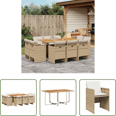 Essgruppe - 11-tlg. Garten-Essgruppe mit Kissen Beige Poly Rattan (1/5)