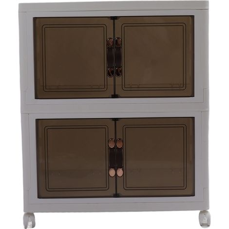 Boîte de rangement pliable et empilable, 2 niveaux, double porte magnétique, verrouillable, avec roulettes, coins arrondis (1/5)