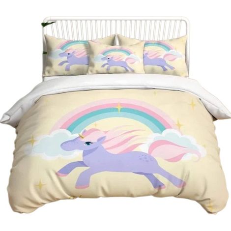 Housse de couette licorne 140x200cm avec 2 taies d'oreiller, motif 3D, multicolore (1/4)