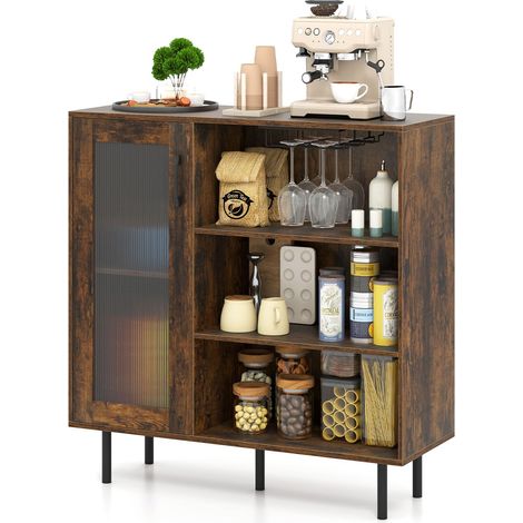 COSTWAY Credenza da Cucina, Armadietto Salvaspazio in Legno con Porta, Ripiano Regolabile e Portabicchieri da Vino, Mobile a Buffet per Soggiorno, Sala da Pranzo e Ingresso, 95 x 35 x 98 cm (1/5)