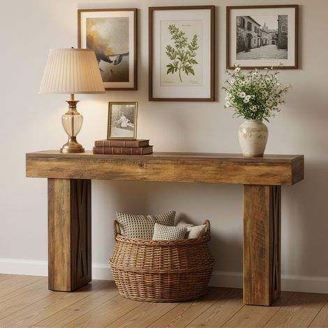 Konsolentisch 160 × 35 × 85 cm, 2-stufiger Konsolentisch, Couchtisch mit Stauraum, Landhausstil, Wohnzimmer/Flur, braun