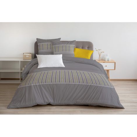 Parure de couette 3 pieces coton 57 fils gris 240x260 cm - NAT (1/4)