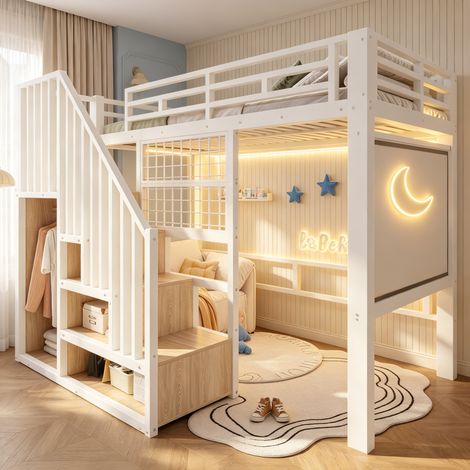 Lit mezzanine enfant 90x200cm avec éclairage LED et escalier rangemens,barre de penderie,métal lit superposé avec barrière,cadre de lit simple,Blanc