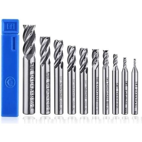Jeu de 10 forets à quatre dents - Fraises de 2 à 12 mm - Forets HSS à queue droite pour CNC - Jeu d'outils pour le perçage du bois, de l'aluminium, de l'acier et du titane (1/4)