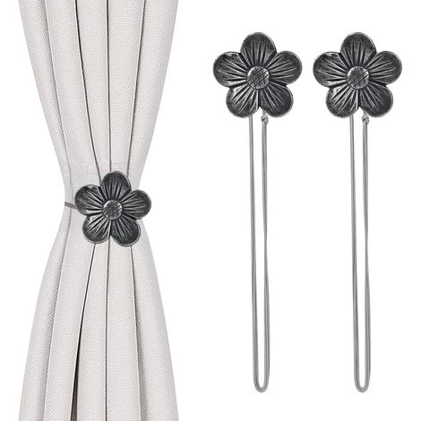 2 Pièces Attaches Rideaux Magnétiques Fleur 5 Couleurs Disponibles Aimant Puissant et Corde Ajustable Adaptées pour Salon, Chambre et Salle de Bain (Noir) (1/5)