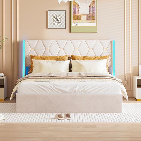 lit coffre capitonné 140x200, lit double 140x200, lit adulte avec sommier, lit capitonné avec lumière LED réglable, motif argylé, sommier à lattes en bois, sans matelas, velours, beige (1/5)
