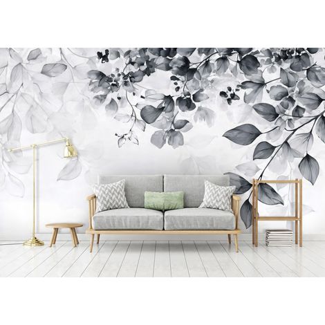 Fototapete Blätter Hängend Schwarz Weiß, für Wohnzimmer und Schlafzimmer, 150 x 105 cm – Komplettset inkl. Kleister & Anleitung (1/5)