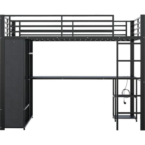 Cama alta 90 x 200 cm metal MDF negro con escritorio, LED, estantería y armario (1/5)