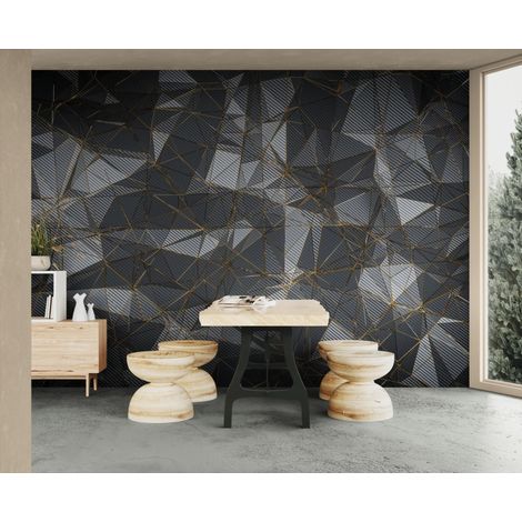 Papier peint géométrique – Motif polygonal carbone et or - 400 x 260 cm (1/2)