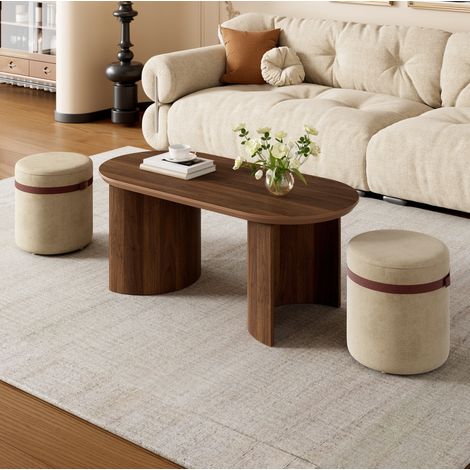 Table basse ovale avec 2 tabourets rembourrés 108x50x44 cm, gain de place pour salon, MDF noyer et pin (1/5)