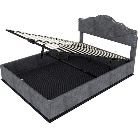 Cama tapizada gris con arcón 160 x 200 cm con colchón y cabecero moderno (1/5)