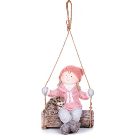 Weihnachtsfigur MagicHome, Mädchen auf Schaukel mit Igel, hängend, Keramik, 31,5x28x36 cm (1/2)