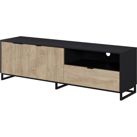 Meuble TV en mélamine coloris chêne clair et noir - Longueur 180 x profondeur 44 x Hauteur 54 cm -PEGANE- (1/4)