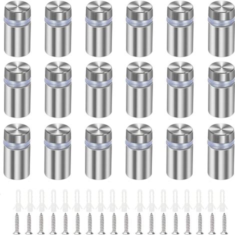 Lot de 18 entretoises en verre, en acier inoxydable, 12 x 20 mm, montage mural, avec vis, argent (1/5)