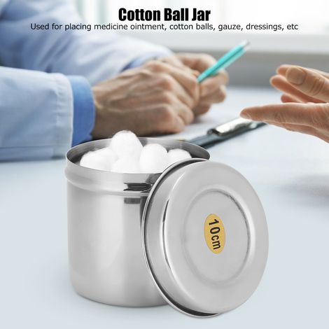 Contenitore organizer per batuffoli di cotone in acciaio inox [con coperchio], capacità 10 cm, per uso medico o domestico. (1/4)