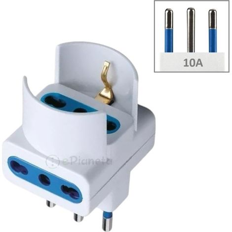 Adattatore triplo spina italiana attacco piccolo 10A a presa bivalente bipasso 10 16A bianco (1/2)