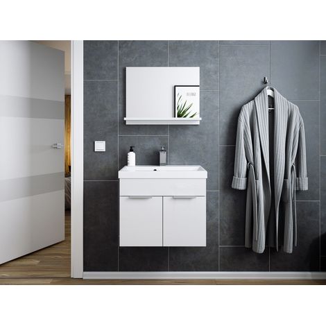 Badmöbel-Set Slimline Vega 2tlg mit Spiegel SoftClose weiss hochglanz/weiss matt (1/5)