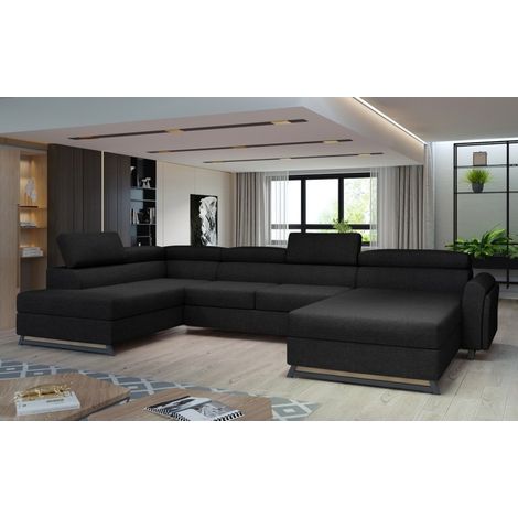 Grand canapé panoramique convertible tissu noir avec coffre Konba 370cm à gauche-Coffre à gauche (1/5)