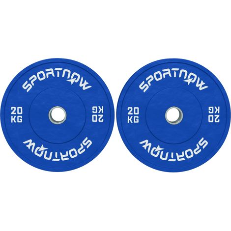 Juego de 2 discos de pesas de goma de 2x20 kg, discos para gimnasio y hogar con orificio de 5 cm para mancuernas y barras, color azul. (1/5)