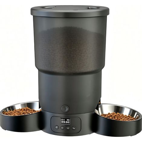 Distributeur Croquettes Chat Automatique 2 Bols, Minuterie Programmable Gamelle Chat Automatique 1-6 Repas par Jour, Un Bouton Fonctionnement Facile pour Chien avec Enregistreur Vocal 10S (1/5)