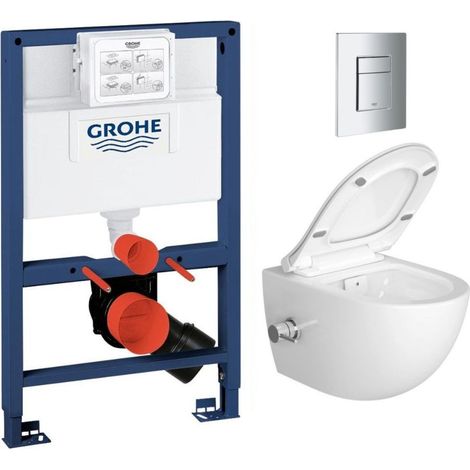 Swiss Aqua Technologies Pack WC Bâti-support + WC sans bride SAT avec bidet thermostatique + Abattant SoftClose + Plaque Chrome