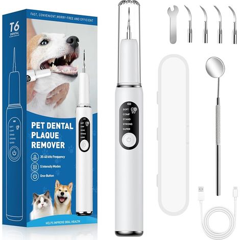 Extracteur de tartre électrique pour chiens et chats - 5 modes et 4 têtes de nettoyage - Kit de soins dentaires pour animaux de compagnie à la maison (1/5)