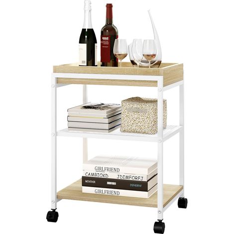 Woltu – Table d'appoint à 3 niveaux – Chêne clair et blanc – Chariot de rangement sur roulettes – Plateau amovible – Dimensions 30x40x53.7cm (1/5)