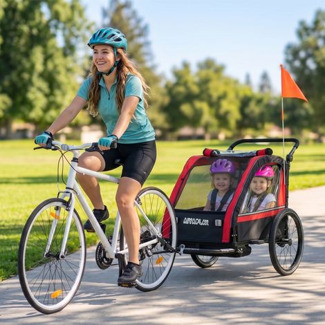 Remorque vélo enfant 2 en 1 poussette bébé 2 places, guidon réglable frein main ceinture rouge, famille (1/5)
