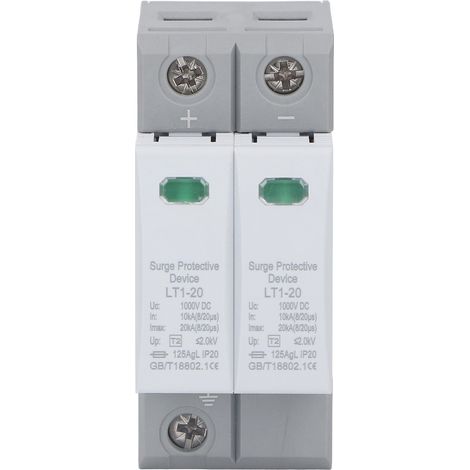 Parafoudre photovoltaïque 1000V DC 10kA 20kA 2P sur rail 36mm protection surtension IP20 boîtier PC ignifuge (1/5)