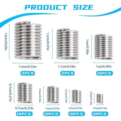 Insert fileté Metal 60 Pièces, M3 M4 M5 M6 M8 M10 M12 Kit de réparation de filets en acier Inoxydable pour réparation de filetage métal et bois, Douilles à visser Inserts pour écrous hexagonaux (1/5)