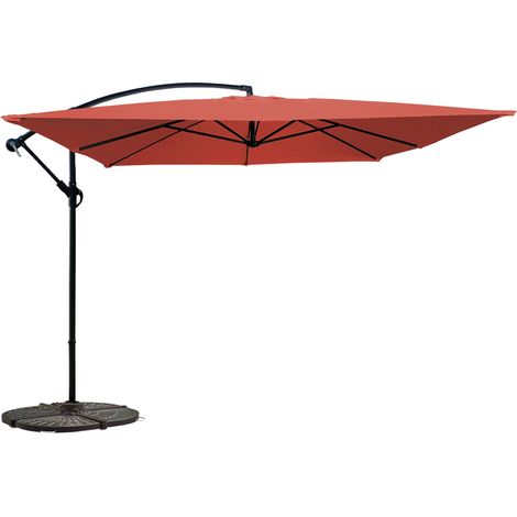 Parasol déporté 3 x 3 m carré et 4 dalles lestées terracotta