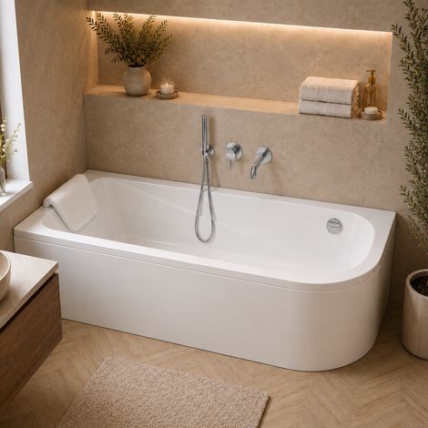 Baignoire d'angle asymétrique gauche 170 x 75 cm - blanc - sans tablier, pieds, vidage chrome, repose - tête - OASIS (1/4)