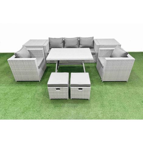 Fimous 9 Pieces Outdoor PE Rattan Sofa Armchair Set Patio Garden Furniture Sets with Cushions 2 Side Tables 2 Small Stools Light Grey (1/4)