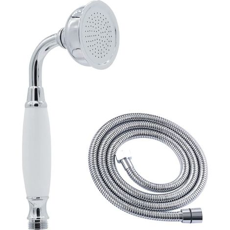 Douchette chromée style vintage avec flexible de 150 cm, débit élevé, compatible avec les pommeaux de douche anciens sans support, laiton rétro, forme ronde de téléphone. (1/5)