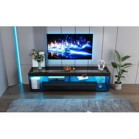Meuble TV brillant avec LED, pour téléviseurs jusqu’à 70 pouces, meuble TV noir avec 2 tiroirs, console TV pour salon et chambre
