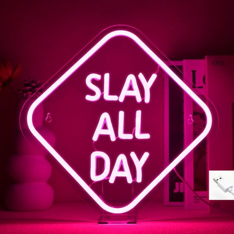Enseigne néon LED « Slay All Day » / « Slay Queen » – Luminaire décoratif à intensité variable – Style Preppy et esthétique Y2K – Idéal pour chambre, dortoir, fêtes ou comme cadeau pour ados (1/5)